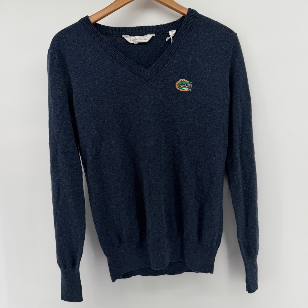 Lady Vesi Florida Gators V-Neck Sweater Navy Blue Cotton Merino Wool Small NWT